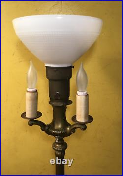 Vintage MCM ALADDIN CAST BRASS FLOOR LAMP 3-ARM CANDELA MILKGLASS TORCH & HARP