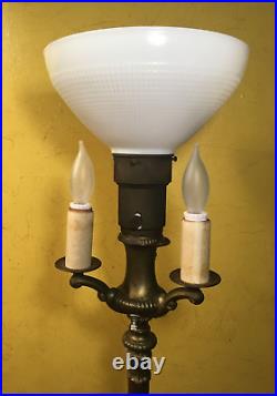 Vintage MCM ALADDIN CAST BRASS FLOOR LAMP 3-ARM CANDELA MILKGLASS TORCH & HARP