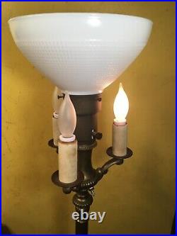 Vintage MCM ALADDIN CAST BRASS FLOOR LAMP 3-ARM CANDELA MILKGLASS TORCH & HARP