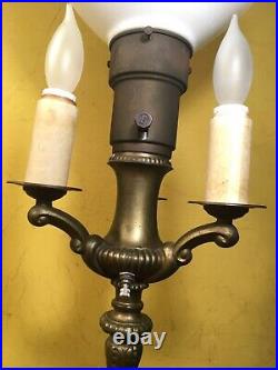 Vintage MCM ALADDIN CAST BRASS FLOOR LAMP 3-ARM CANDELA MILKGLASS TORCH & HARP