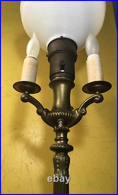 Vintage MCM ALADDIN CAST BRASS FLOOR LAMP 3-ARM CANDELA MILKGLASS TORCH & HARP