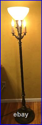 Vintage MCM ALADDIN CAST BRASS FLOOR LAMP 3-ARM CANDELA MILKGLASS TORCH & HARP