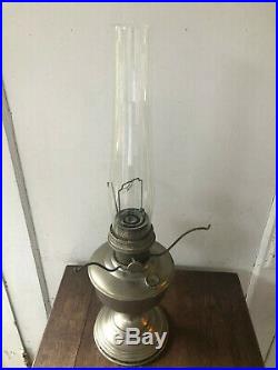 Vintage Mantle ALADDIN Model #12 Brass Column Chimney Table Oil Lamp w Shade +++