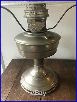 Vintage Mantle ALADDIN Model #12 Brass Column Chimney Table Oil Lamp w Shade +++