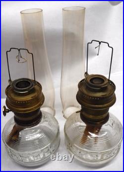 Vintage Matching Clear Glass & Brass Aladdin Kerosene Oil Lamp Pair V1-1