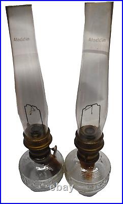 Vintage Matching Clear Glass & Brass Aladdin Kerosene Oil Lamp Pair V1-1