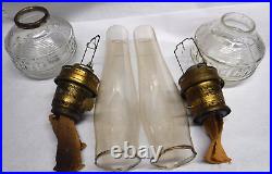 Vintage Matching Clear Glass & Brass Aladdin Kerosene Oil Lamp Pair V1-1