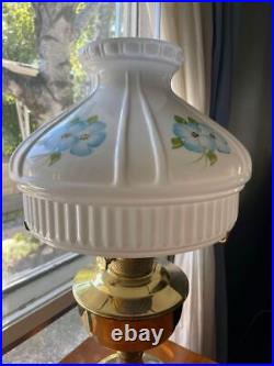 Vintage Milk Glass Shade Aladdin Lamp Blue Floral Brass Pedestal