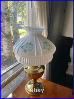 Vintage Milk Glass Shade Aladdin Lamp Blue Floral Brass Pedestal