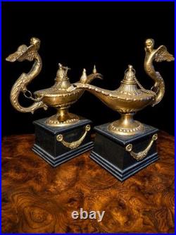 Vintage Pair Brass Aladdin Genie Lamps Winged Figural Handles Hollywood Regency