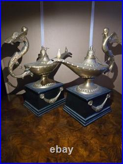 Vintage Pair Brass Aladdin Genie Lamps Winged Figural Handles Hollywood Regency