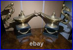 Vintage Pair Brass Aladdin Genie Lamps Winged Figural Handles Hollywood Regency