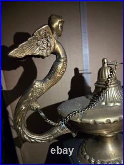 Vintage Pair Brass Aladdin Genie Lamps Winged Figural Handles Hollywood Regency