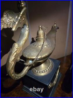 Vintage Pair Brass Aladdin Genie Lamps Winged Figural Handles Hollywood Regency