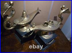Vintage Pair Brass Aladdin Genie Lamps Winged Figural Handles Hollywood Regency