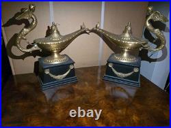 Vintage Pair Brass Aladdin Genie Lamps Winged Figural Handles Hollywood Regency