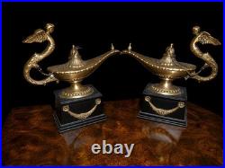 Vintage Pair Brass Aladdin Genie Lamps Winged Figural Handles Hollywood Regency