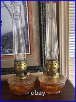 Vintage Pair Brass Aladdin Model 23 Kerosene Oil Lamps with Glass Chimney