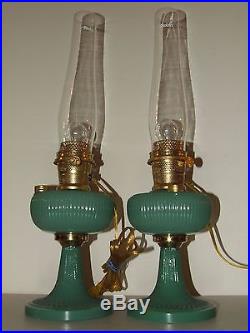 Vintage Pair Green Jadite Electrified Kerosene GWTW Lamps with Aladdin Chimneys