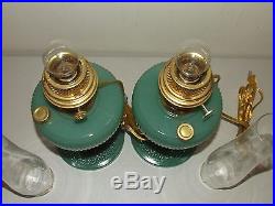 Vintage Pair Green Jadite Electrified Kerosene GWTW Lamps with Aladdin Chimneys