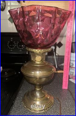 Vntage Aladdin Brass Lamp Converted Electric Cranberry Glass Shade 16 Beautiful