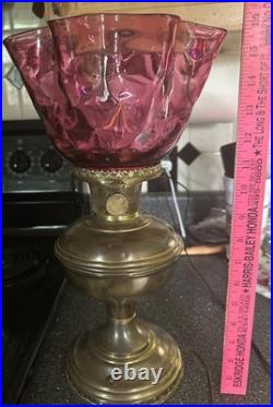 Vntage Aladdin Brass Lamp Converted Electric Cranberry Glass Shade 16 Beautiful