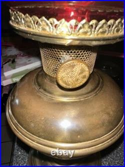 Vntage Aladdin Brass Lamp Converted Electric Cranberry Glass Shade 16 Beautiful