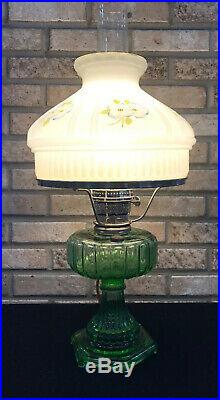 Vtg Aladdin 1934 Green Cathedral Kerosene Lamp Hand Painted Shade Electrified