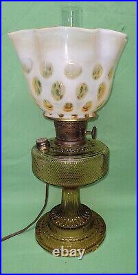 Vtg Aladdin Amber Colonial Hobnail Elect Oil Lamp Honeysuckle Coin Dot Shade