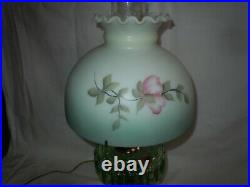 Vtg Aladdin Corinthian Green Glass Kerosene/Oil Lamp Hand Painted Shade/Electric