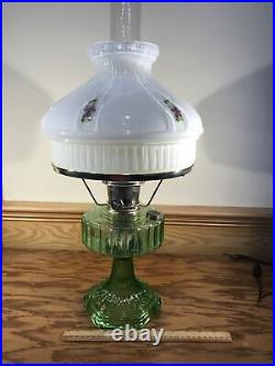 Vtg Aladdin Green Crystal Glass Corinthian Oil Lamp B-102 Purple Violet Shade