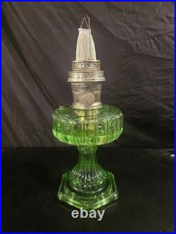 Vtg Aladdin Green Glass Bell Stem Oil Lamp (uranium)