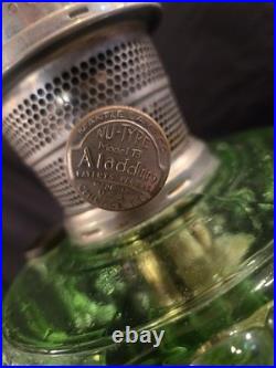 Vtg Aladdin Green Glass Bell Stem Oil Lamp (uranium)