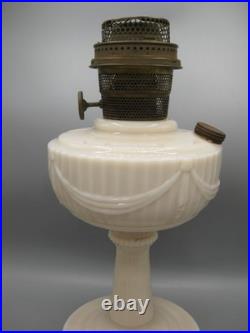 Vtg Aladdin White Alacite Glass Lincoln Tall Drape Oil Lamp withModel B Burner #1