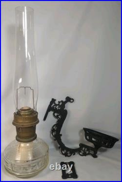 Vtg Antique Aladdin Oil lamp & Cast Iron Wall Mount diamond square glass Chimney