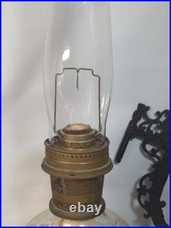 Vtg Antique Aladdin Oil lamp & Cast Iron Wall Mount diamond square glass Chimney