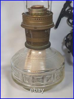 Vtg Antique Aladdin Oil lamp & Cast Iron Wall Mount diamond square glass Chimney