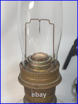 Vtg Antique Aladdin Oil lamp & Cast Iron Wall Mount diamond square glass Chimney