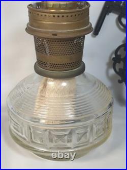 Vtg Antique Aladdin Oil lamp & Cast Iron Wall Mount diamond square glass Chimney