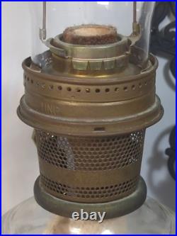 Vtg Antique Aladdin Oil lamp & Cast Iron Wall Mount diamond square glass Chimney