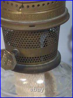 Vtg Antique Aladdin Oil lamp & Cast Iron Wall Mount diamond square glass Chimney