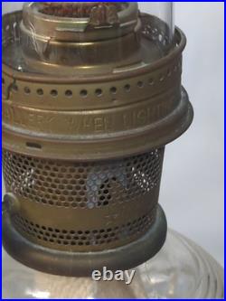 Vtg Antique Aladdin Oil lamp & Cast Iron Wall Mount diamond square glass Chimney