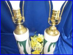 Vtg Pair Aladdin Alacite Green & White Tall Cylindrical Table Lamps 26 1/2 3way