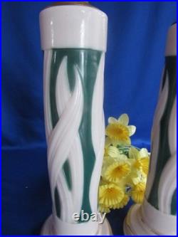 Vtg Pair Aladdin Alacite Green & White Tall Cylindrical Table Lamps 26 1/2 3way