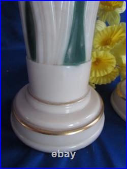 Vtg Pair Aladdin Alacite Green & White Tall Cylindrical Table Lamps 26 1/2 3way