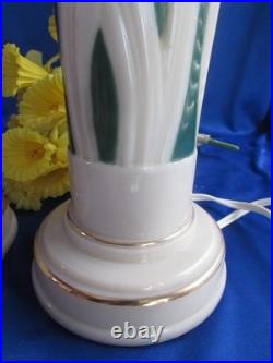Vtg Pair Aladdin Alacite Green & White Tall Cylindrical Table Lamps 26 1/2 3way