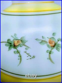 White Milk Glass Student Oil Lamp Shade Hand Painted Yellow Roses 10