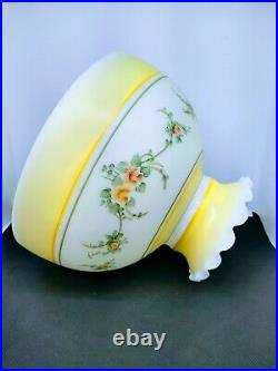 White Milk Glass Student Oil Lamp Shade Hand Painted Yellow Roses 10